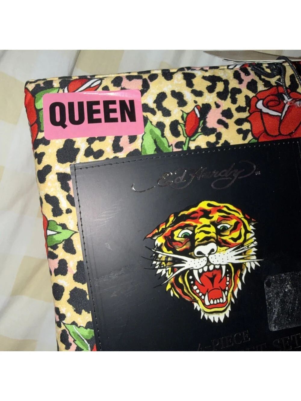 Ed Hardy Leopard Print with Red Roses & Logos 4pm QUEEN Sheet Set NWT